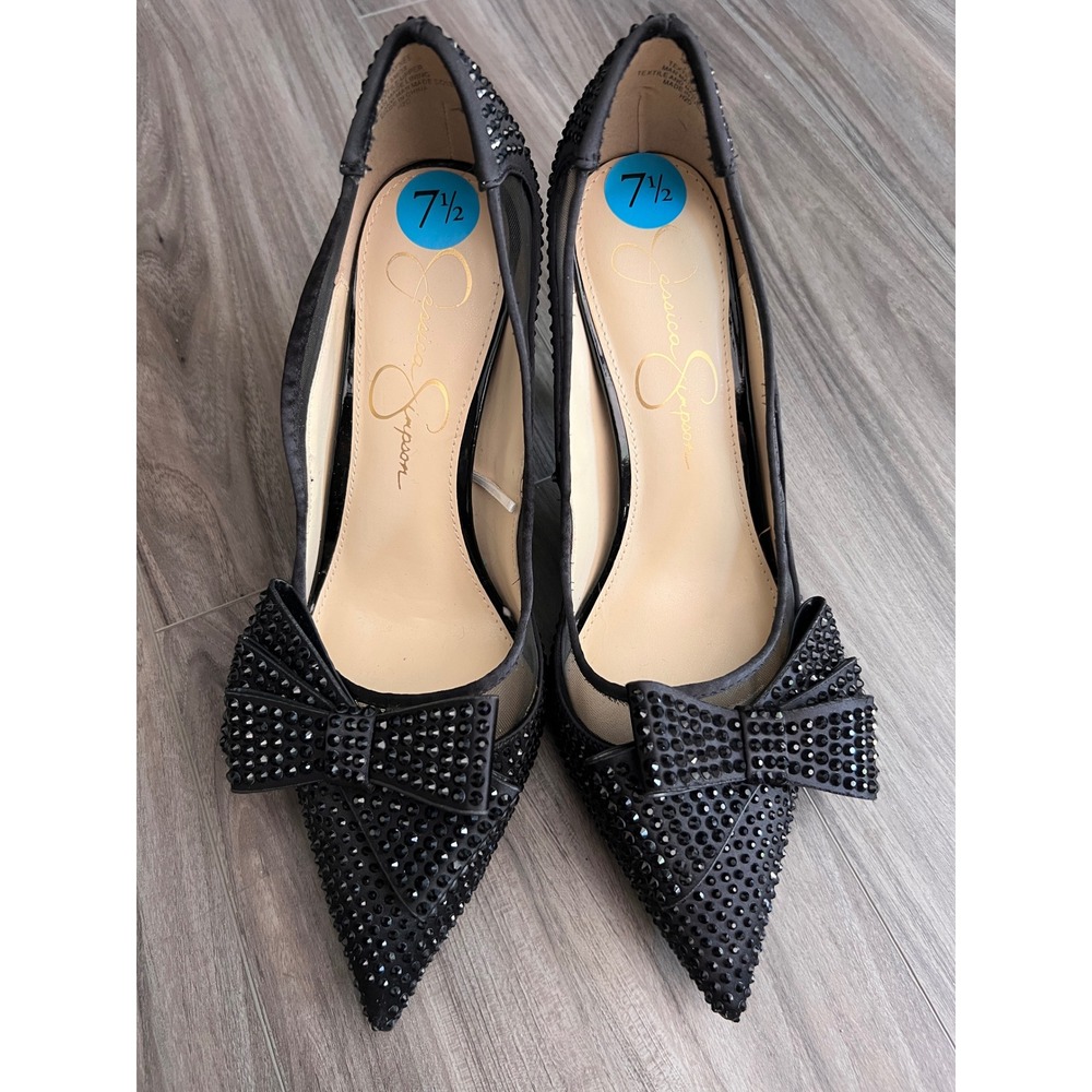 Jessica Simpson Womens Rhinestone Bow Mesh Stiletto Pumps Black 7.5 M JS-PARING2